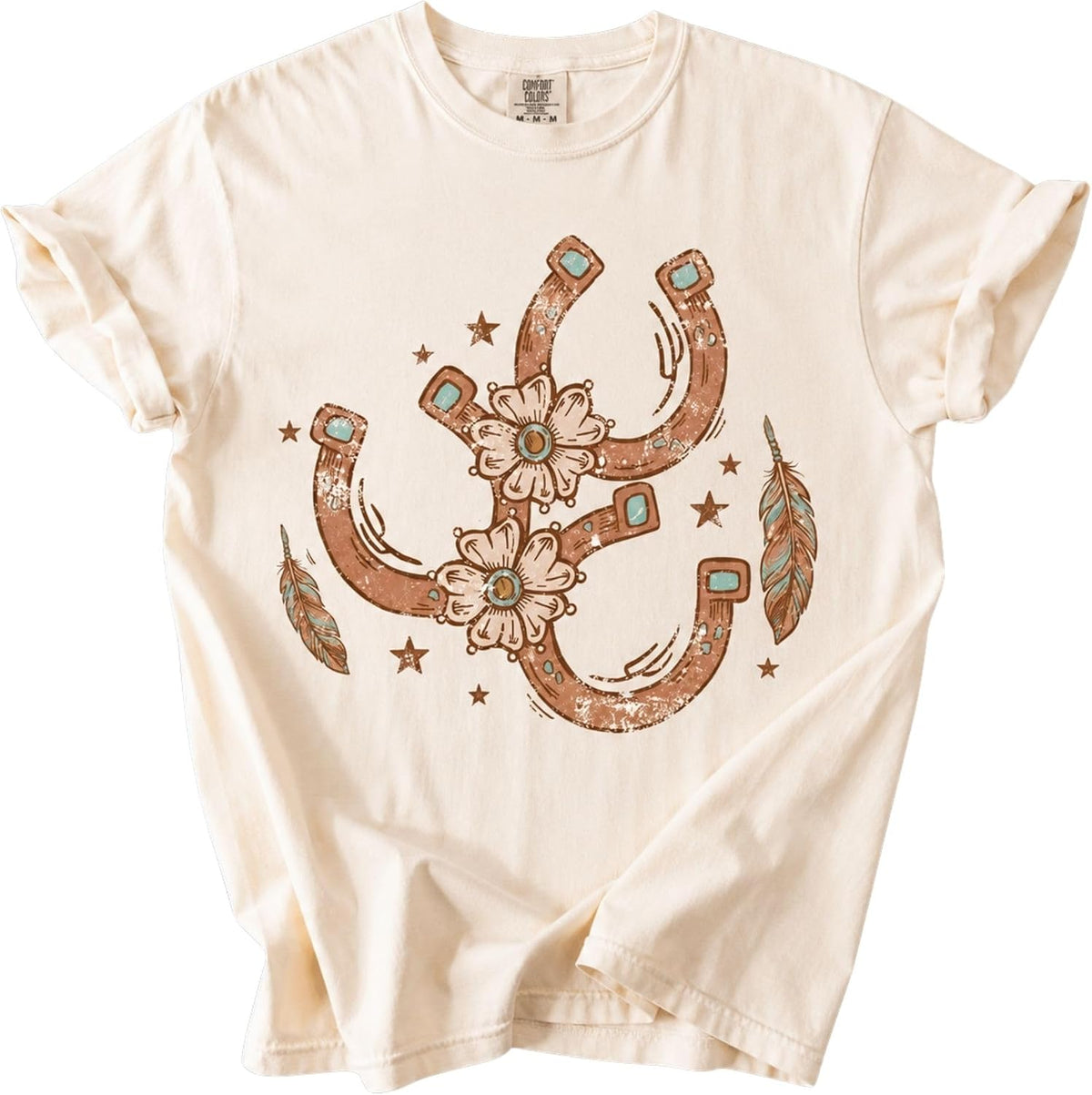Daytee Western Horseshoe Floral Shirt Cowgirl Country Graphic Tee Rustic Boho Rodeo Shirt for Women - Ivory
