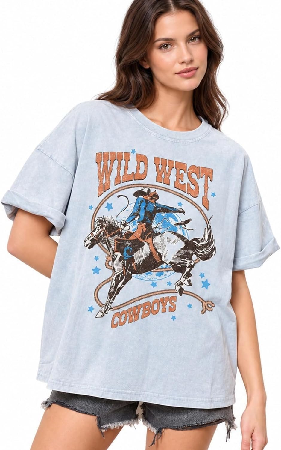 Womens Oversized Vintage Graphic T Shirt Tacked Rolled Sleeve Loose Fit Mineral Wash Casual Tee - Wildwest Denim