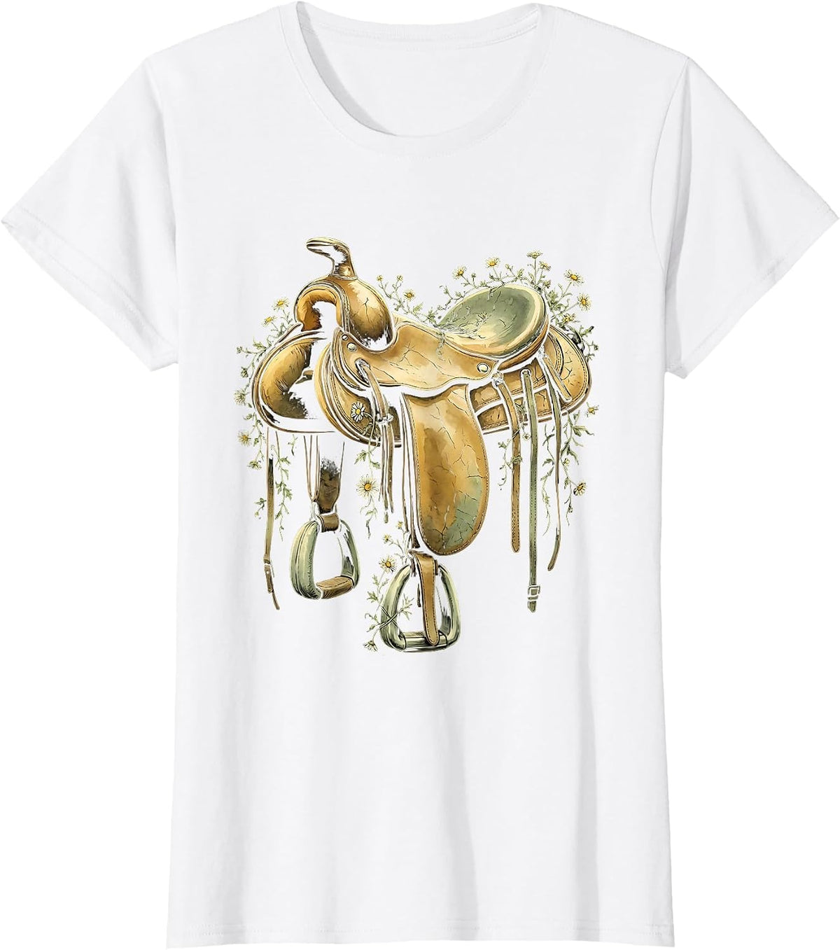 Western Saddle Wildflower Vines Floral Boho Design T-Shirt - White