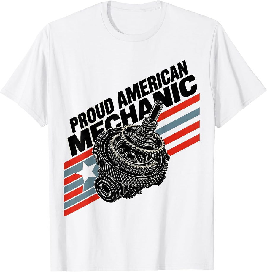 Men's Proud American Mechanic Patriotic Mechanic USA Flag Auto T-Shirt - White