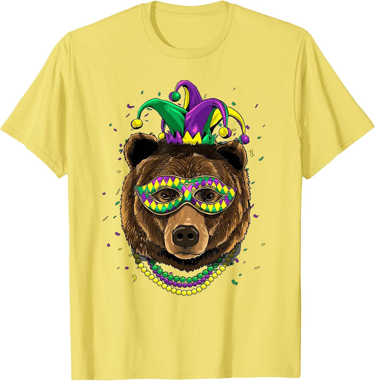 Bear Animal Lover Cute Mardi Gras Carnival Jester T-Shirt, Men, Lemon Yellow, Medium - As Pictured