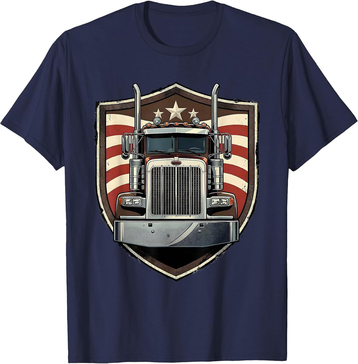 Semi Truck Shield American Flag Vintage Trucker Gift T-Shirt - Navy Blue
