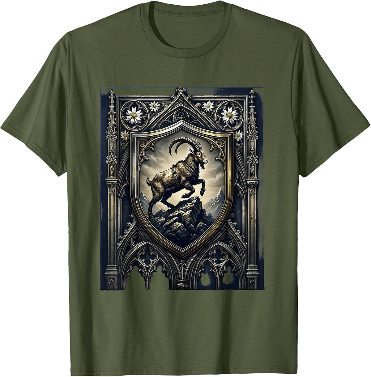 Mountain Goat Lederhosen Alpine Peak Climbing T-Shirt - Olive Green