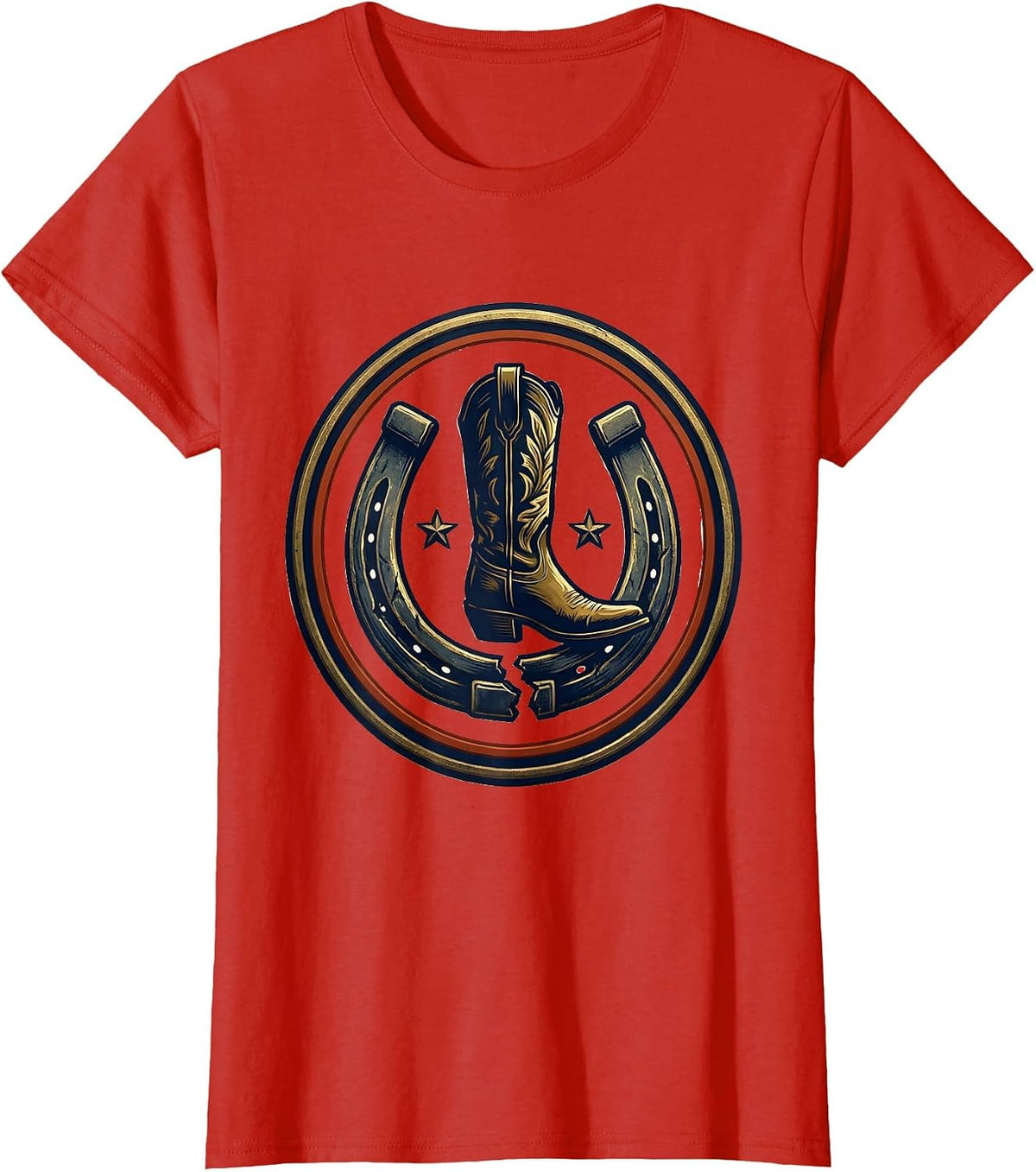 Western Boot Horseshoe Emblem Cowgirl Rodeo Pride T-Shirt - Red