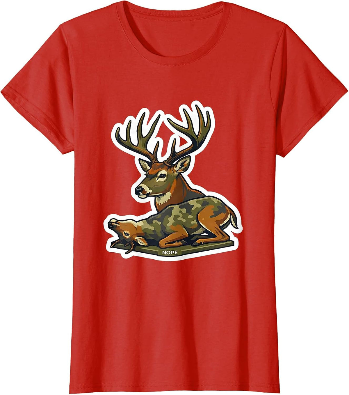 Nope Funny Camo Deer Hunting Buck Humor Sticker T-Shirt - Red