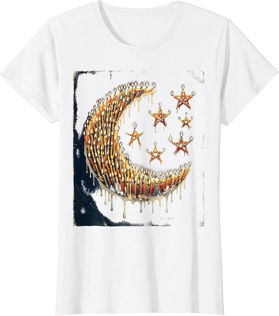 Women's Moon and Stars Birthday Candles Celestial Design T-Shirt - White