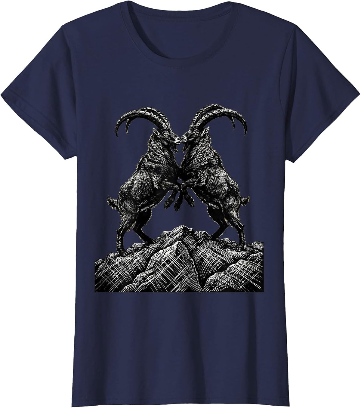 Women's Two Goats Locking Horns on a Hilltop Graphic T-Shirt - Navy Blue