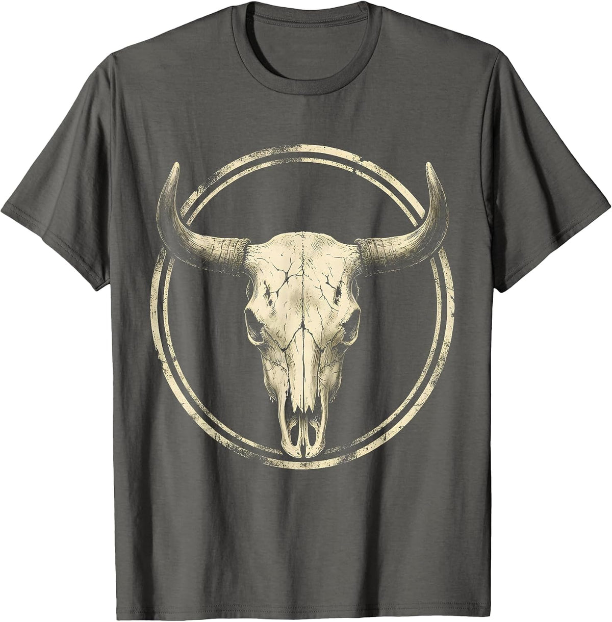 Men's Cow Skull Wildflowers Boho Western Floral Art T-Shirt - Asphalt Grey