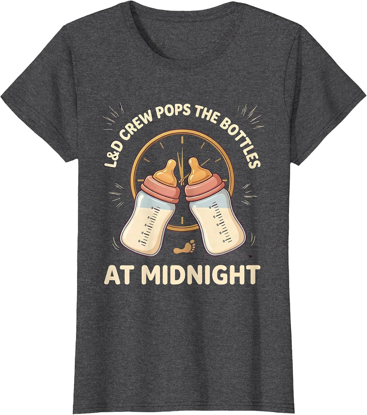 Women's L&D CREW POPS THE BOTTLES AT MIDNIGHT Funny Nurse New Year T-Shirt - Dark Heather Grey