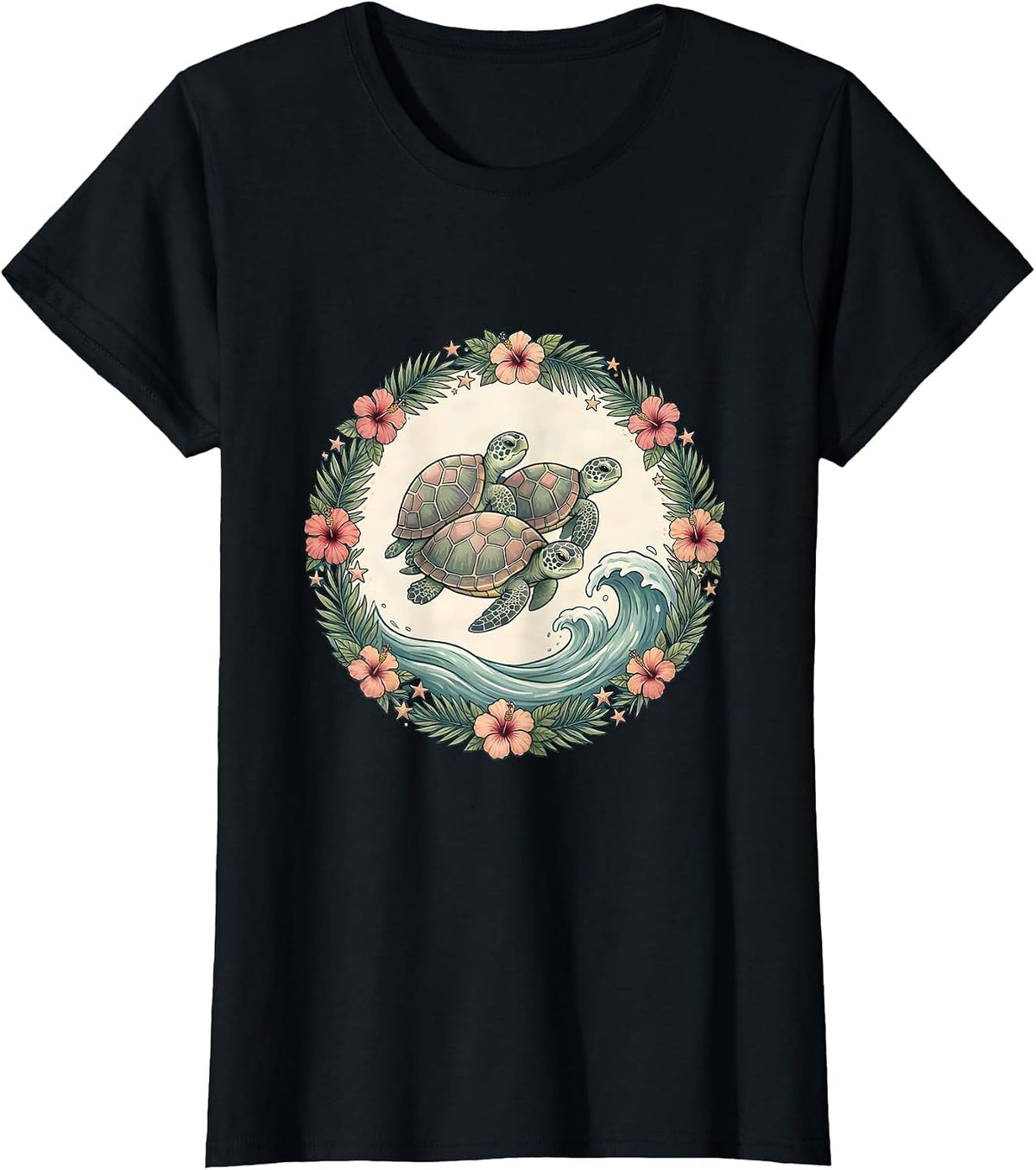 Baby Sea Turtles Hawaiian Ocean Wave Design T-Shirt - Black