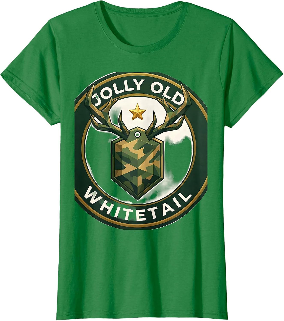 Women's Jolly Old Whitetail Low Poly Deer Hunting Christmas Camo T-Shirt - Kelly Green
