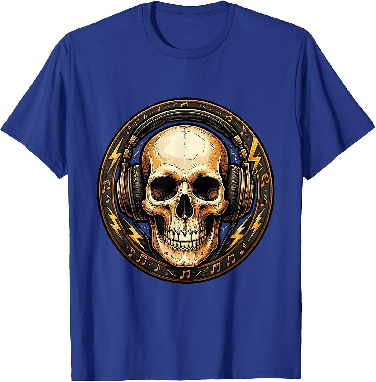 Skull With Oversized Headphones Graphic Design T-Shirt - Royal Blue