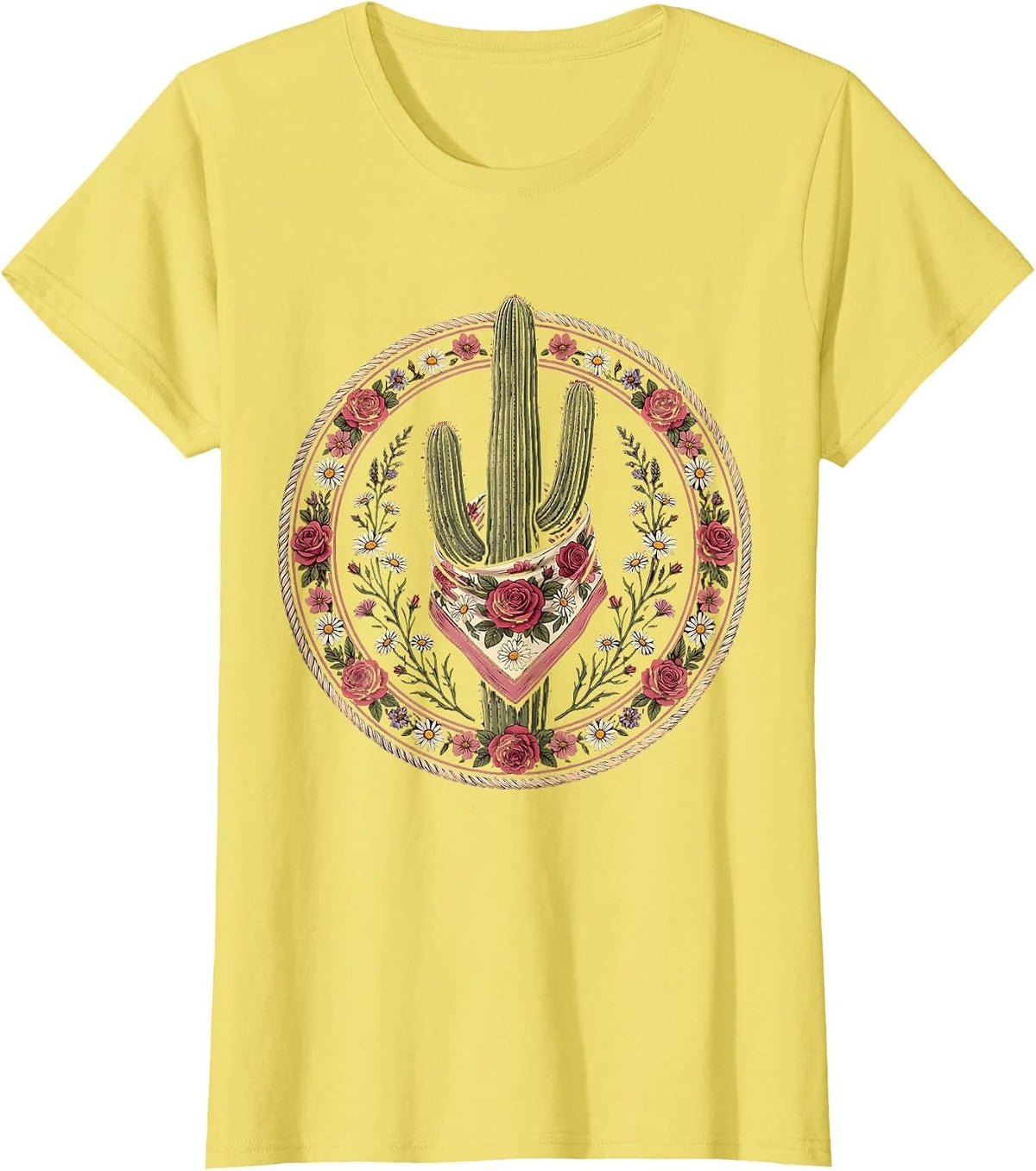 Women's Floral Bandana Cactus Western Desert Design T-Shirt - Lemon Yellow