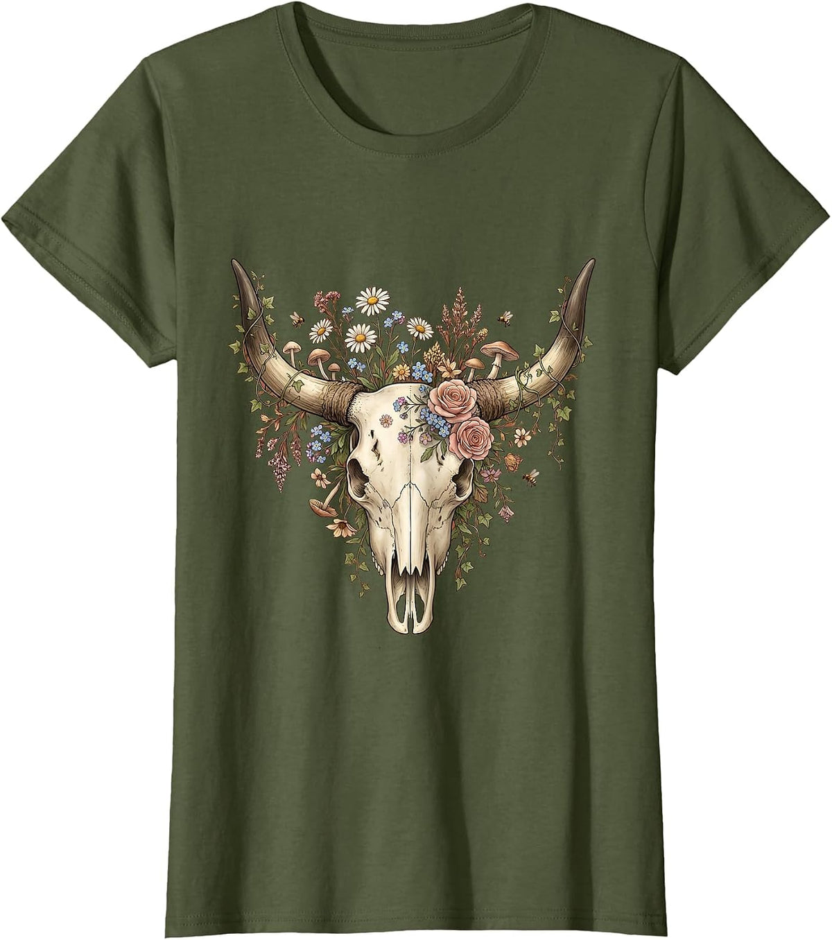 Women's Longhorn Skull Floral Crown Western Boho Design T-Shirt - Olive Green