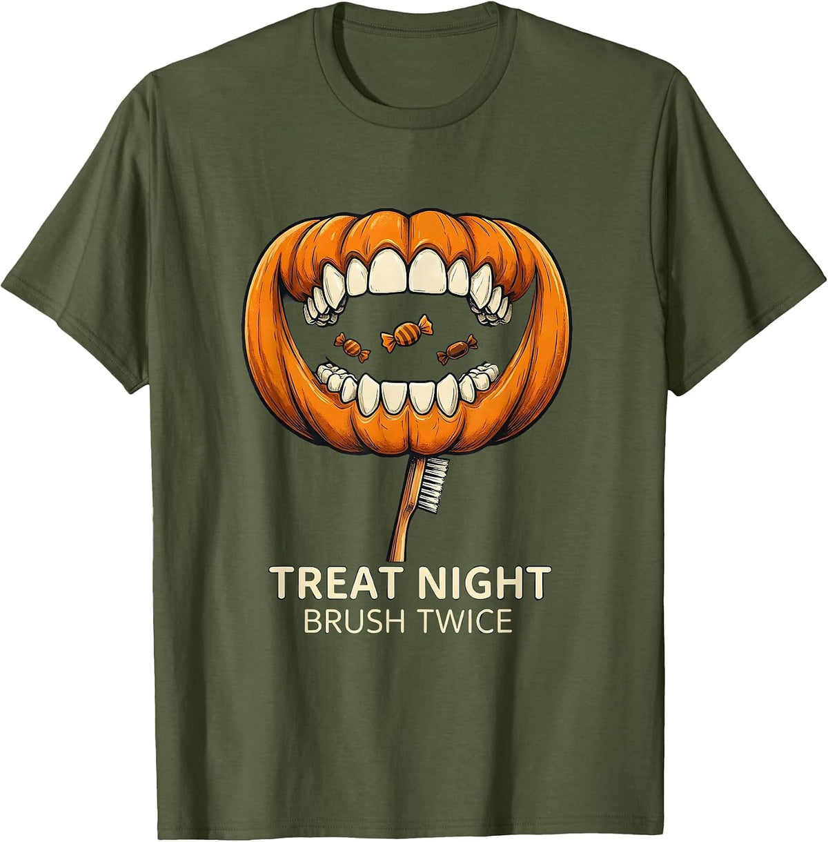 Men's Treat Night Brush Twice Funny Dentist Halloween Costume T-Shirt - Olive Green