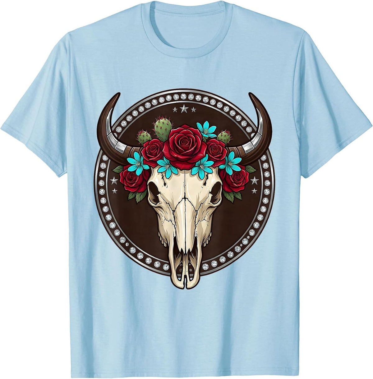 Men's Buffalo Skull Desert Flowers Western Boho Graphic T-Shirt - Baby Blue