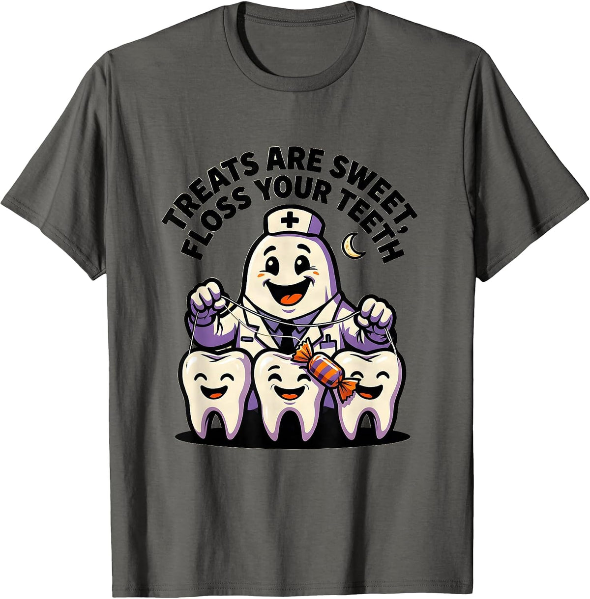 Treats Are Sweet Floss Your Teeth Cartoon Halloween Dentist T-Shirt - Asphalt Grey