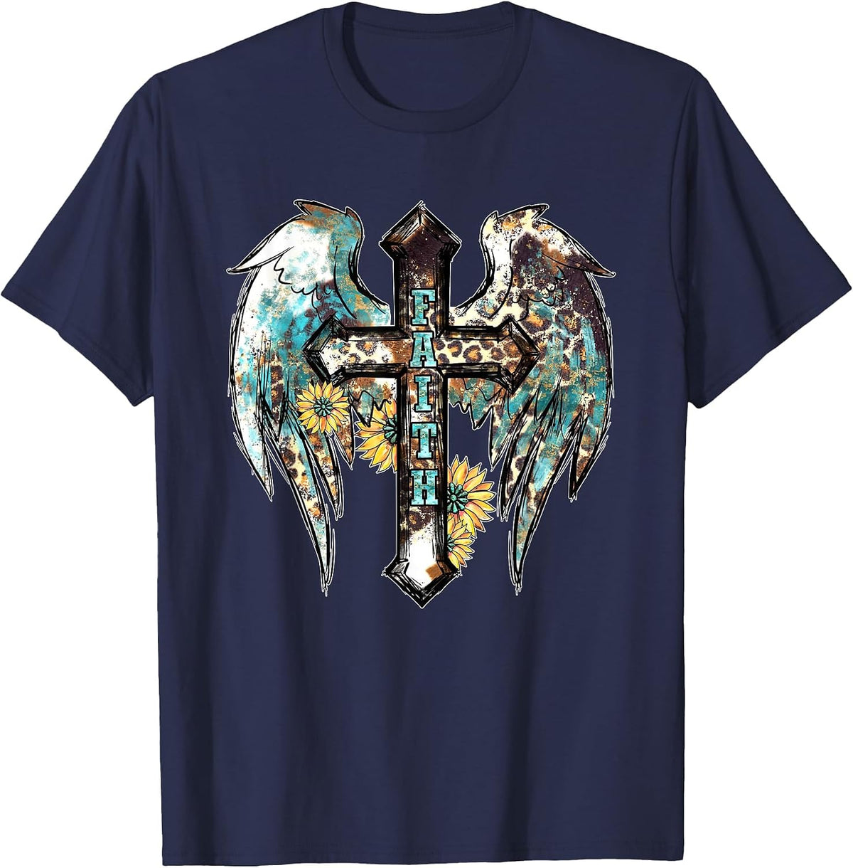 Christian Western Cross with Sunflower Decor for Women Faith T-Shirt - Navy Blue