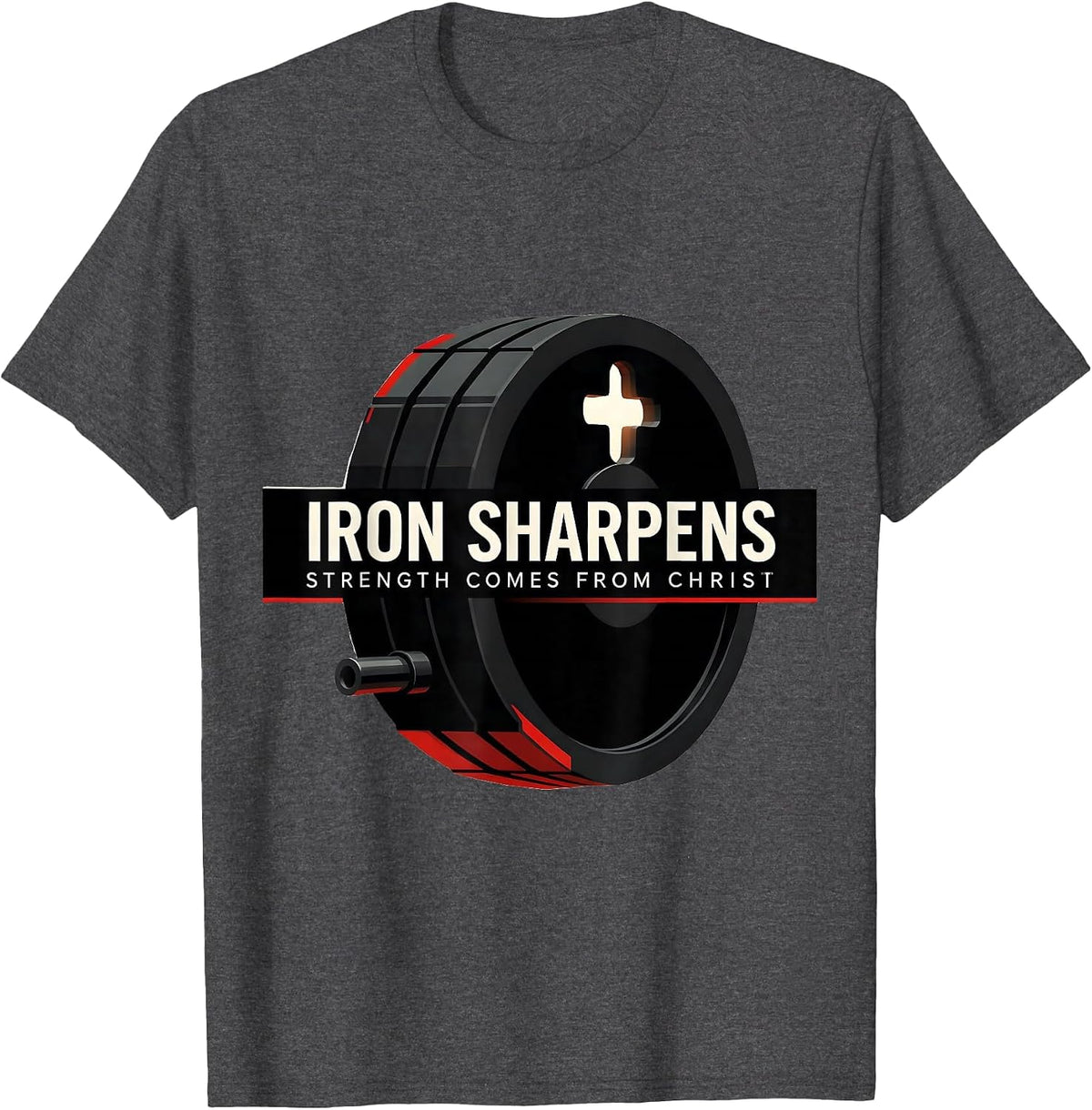 Iron Sharpens, Strength Comes From Christ Christian Gym T-Shirt - Dark Heather Grey