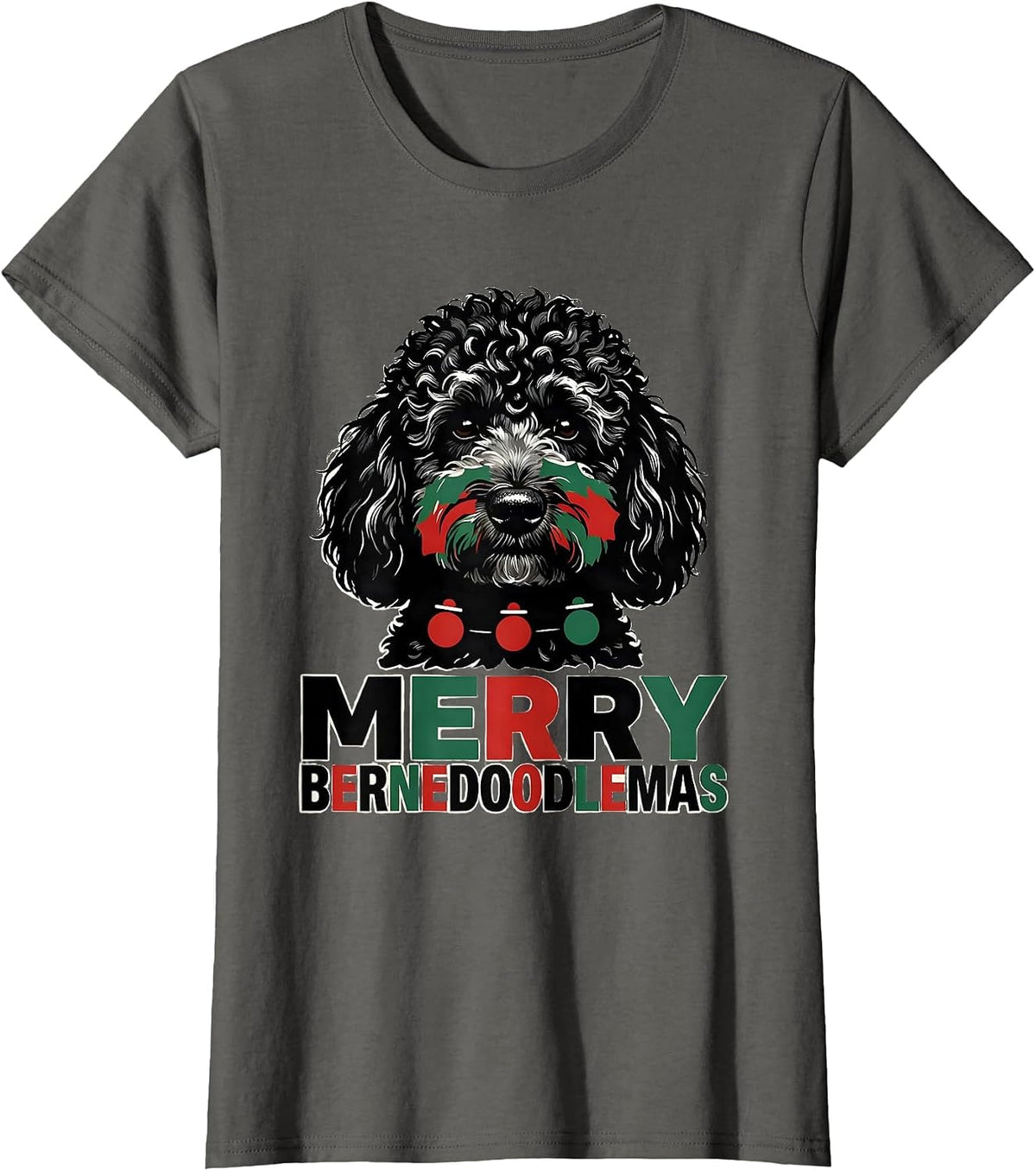 Women's Merry Bernedoodlemas Funny Christmas Dog Breed Humor T-Shirt - Asphalt Grey