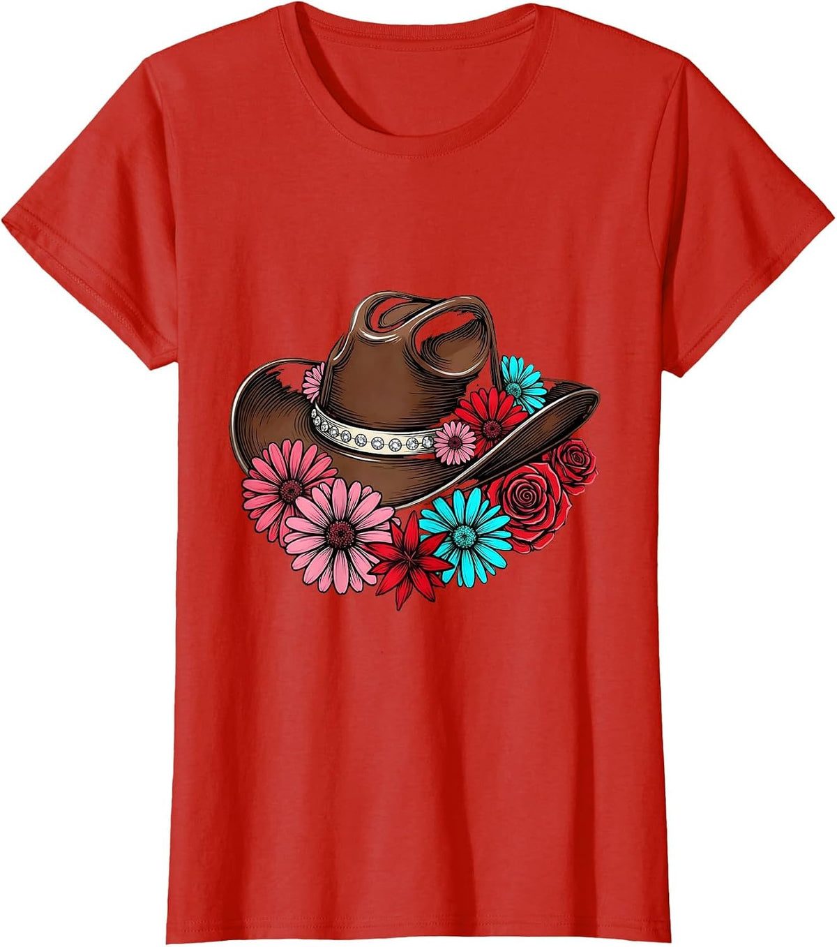 Women's Cowgirl Hat Wildflowers Boho Western Floral Design T-Shirt - Red