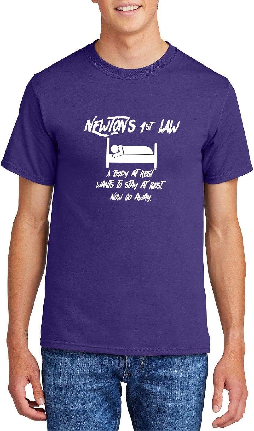 Newton's 1st Law A Body at Rest Funny Gamer Science Graphic Top Cotton Tee Adult Youth Tall Men Women - Mens Crew Purple