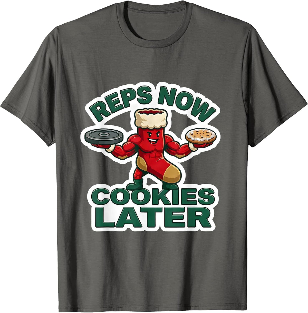 Men's Reps Now Cookies Later Funny Gym Christmas Weightlifting T-Shirt - Asphalt Grey