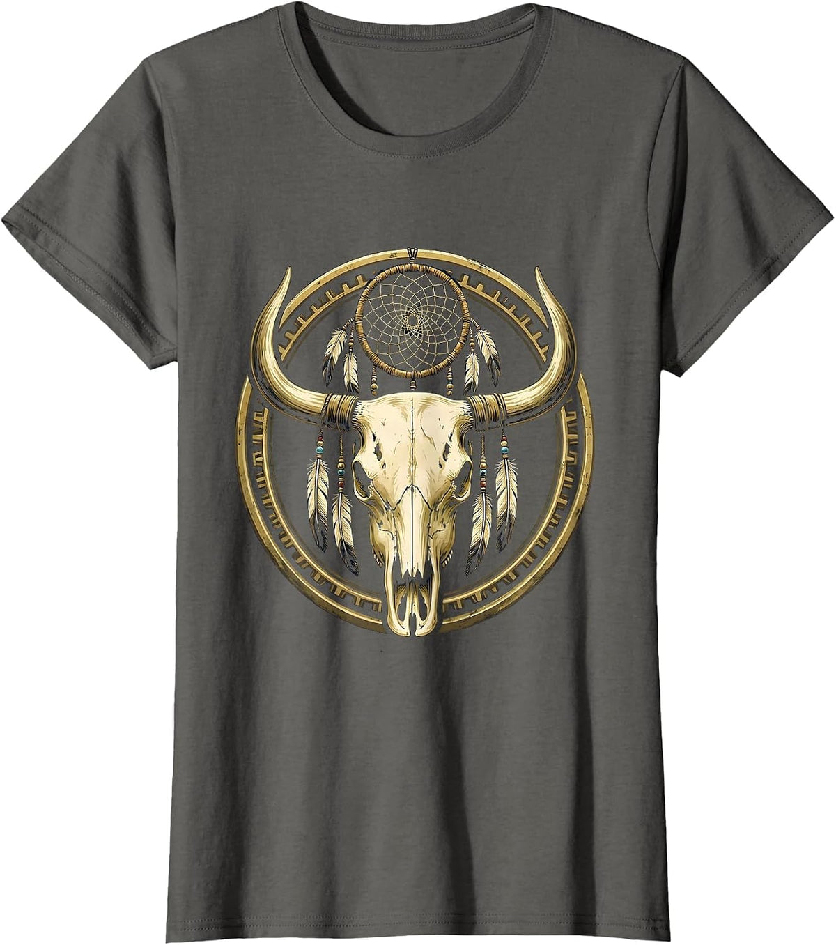Women's Cow Skull Dreamcatcher Boho Western Graphic T-Shirt - Asphalt Grey