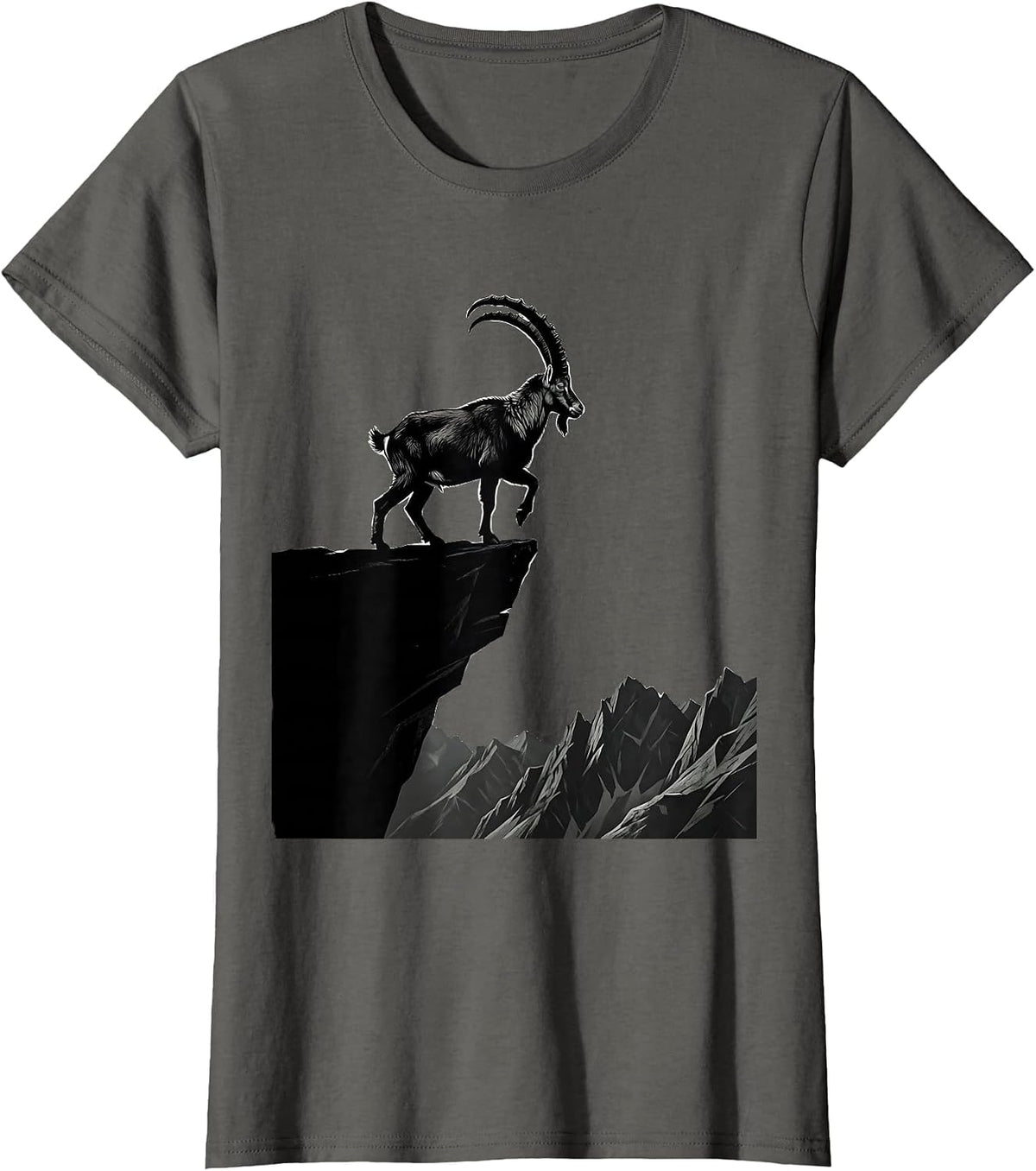Women's Mountain Goat Cliff Edge Wildlife Illustration T-Shirt - Asphalt Grey