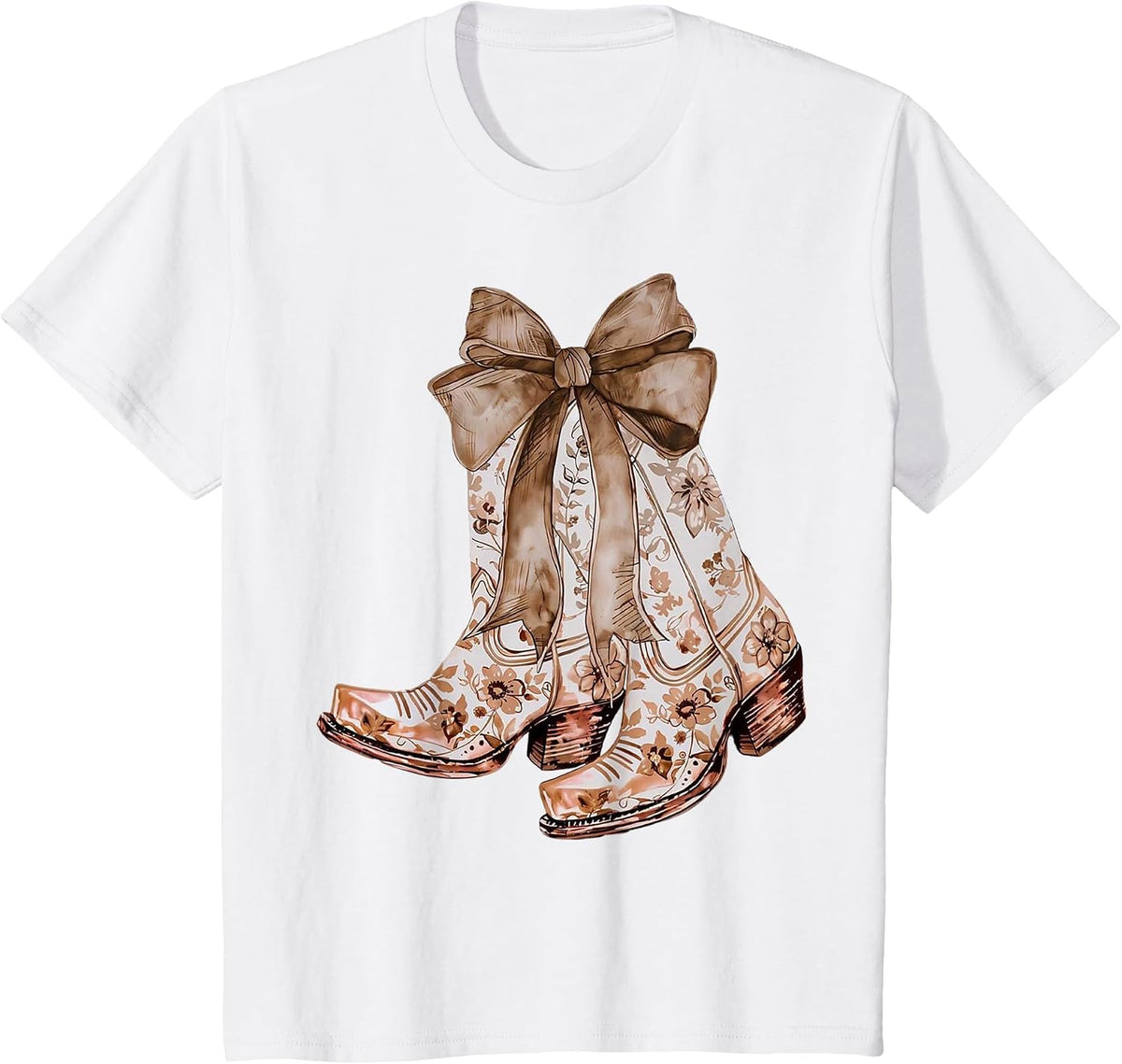 Howdy Brown Leather Bow Cowhide Coquette T-Shirt - White