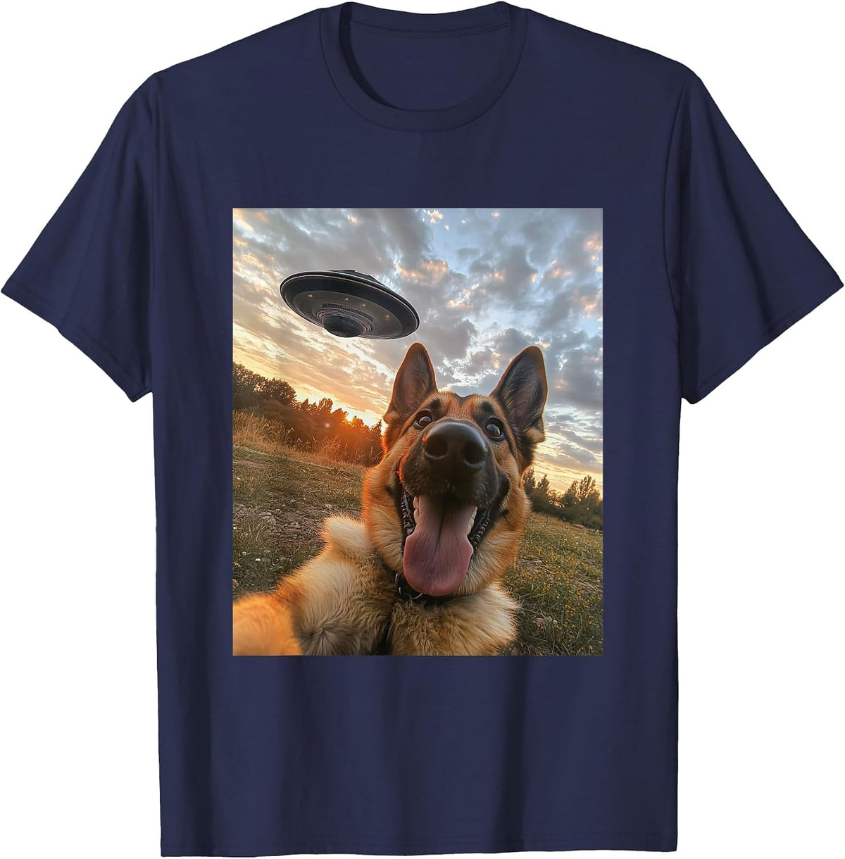 German Shepherd Dog Selfie with UFOs Funny Graphic T-Shirt - Navy Blue