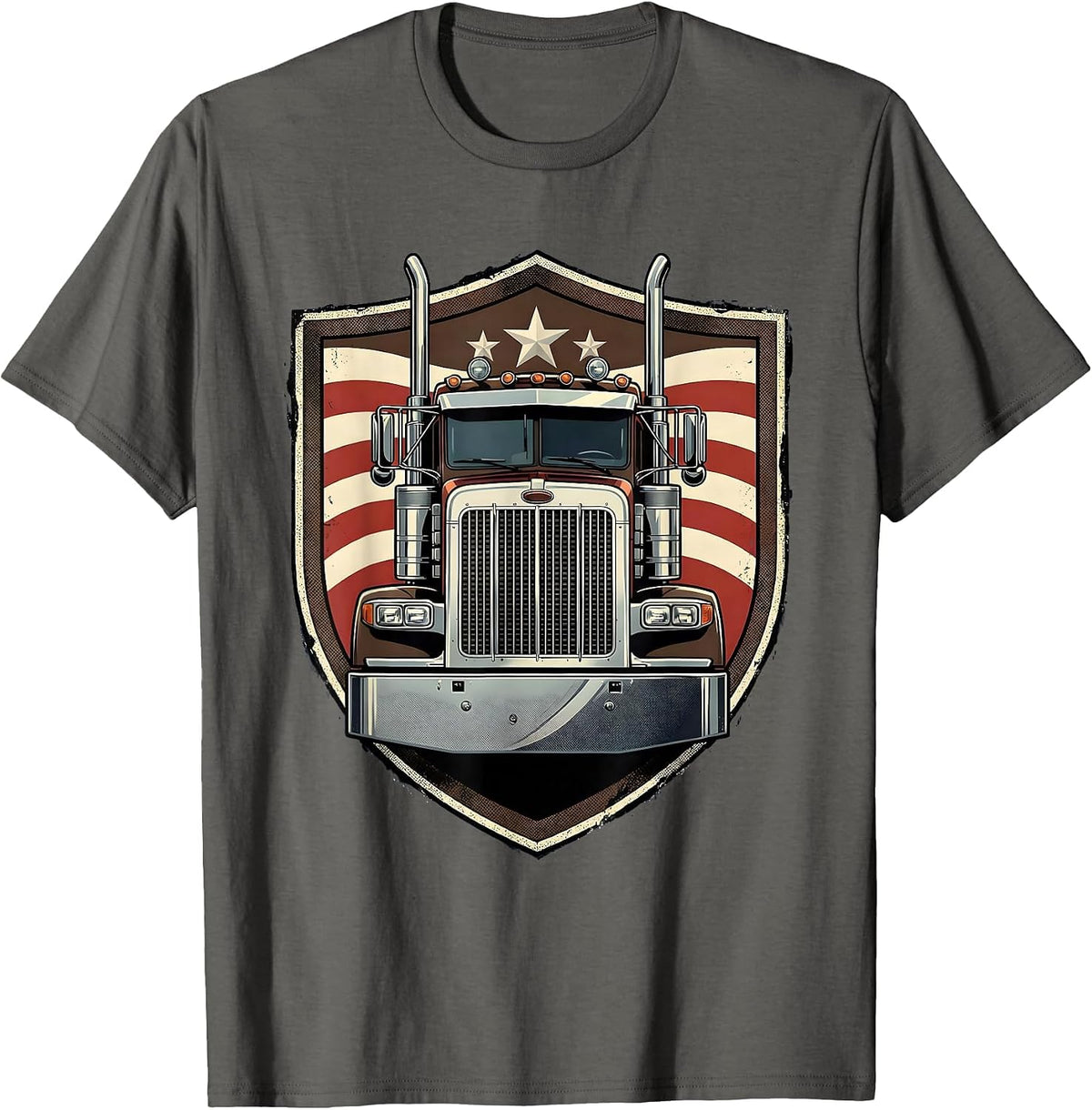 Semi Truck Shield American Flag Vintage Trucker Gift T-Shirt - Asphalt Grey