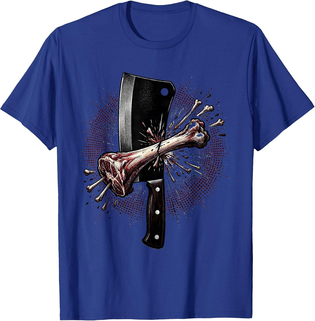 Butcher Cleaver Bone Split Bloody Splatter Graphic T-Shirt - Royal Blue