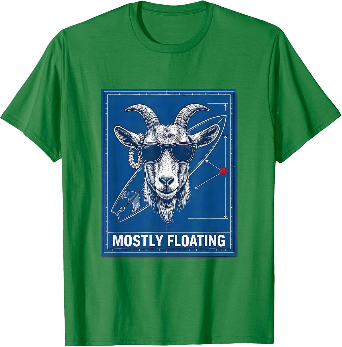 Men's Mostly Floating Technical Blueprint Goat Surfboard Humor T-Shirt - Kelly Green