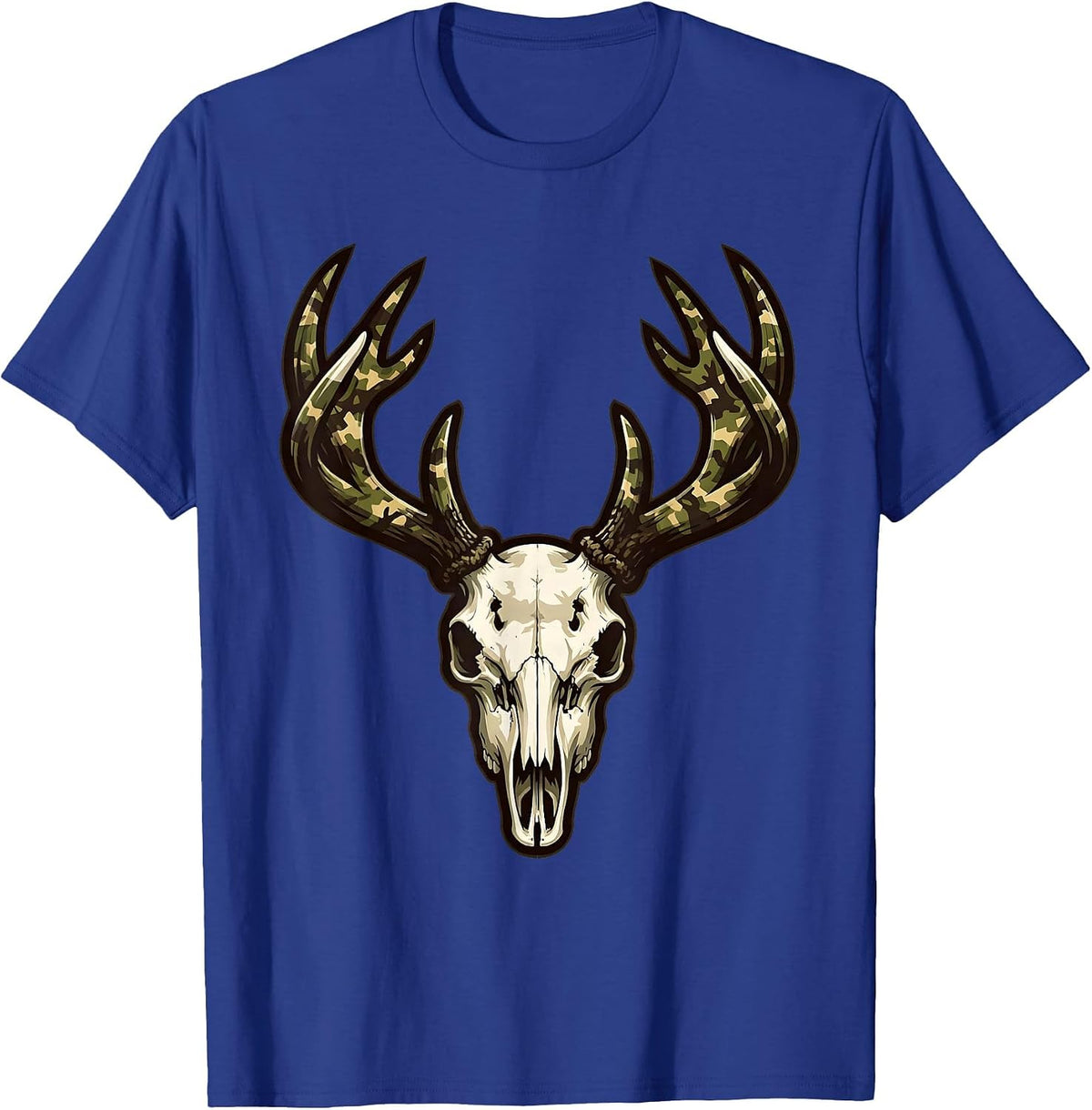 Deer Skull Camo Antler Hunting Graphic T-Shirt - Royal Blue