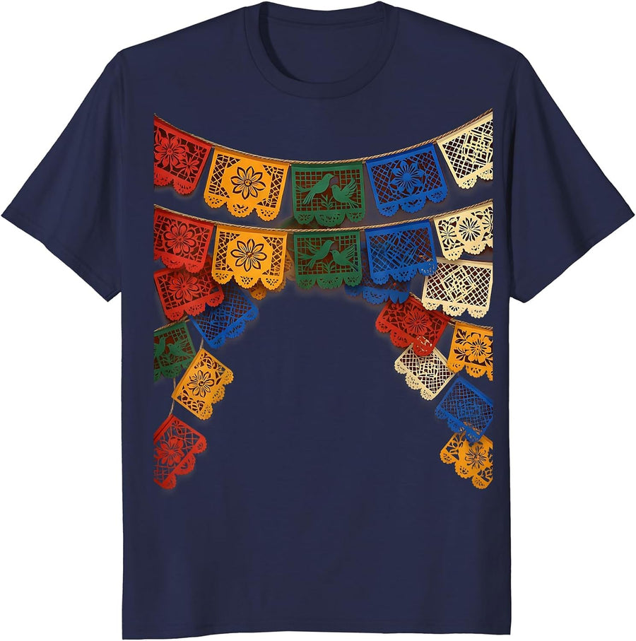Colorful Papel Picado Hispanic Heritage Design T-Shirt - Navy Blue