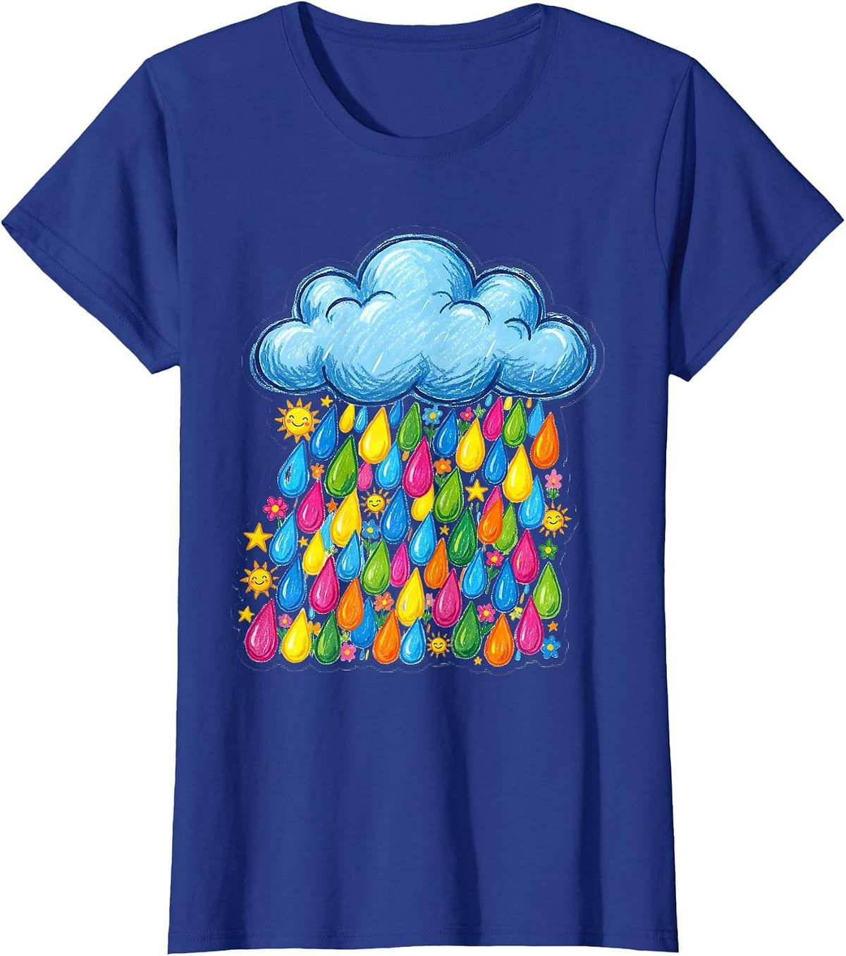 Women's Preschool Teacher Cloud Colorful Letter Rain Design T-Shirt - Royal Blue