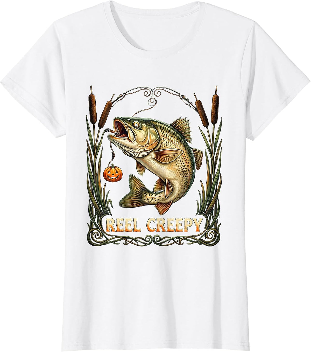 Reel Creepy Folk Art Halloween Fishing Ghost Trout Gift T-Shirt - White