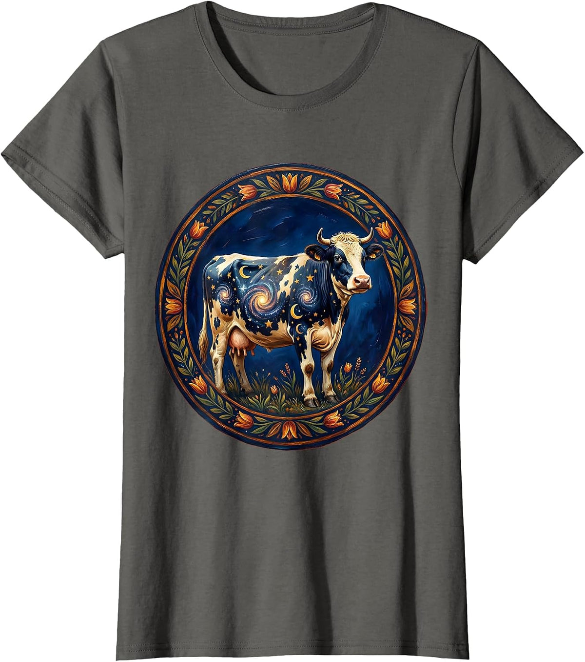 Women's Cosmic Cow Galaxy Pattern Illustration T-Shirt - Asphalt Grey