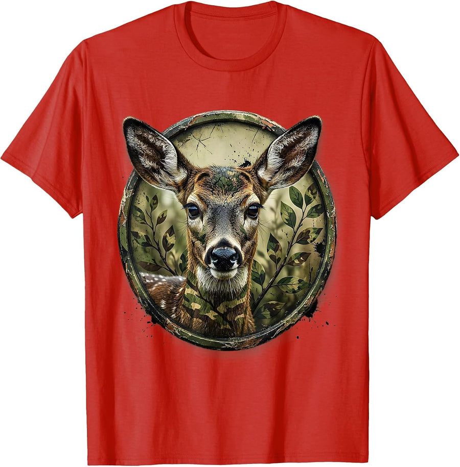 Men's Deer Doe Portrait Green Camo Hunting Design T-Shirt - Red