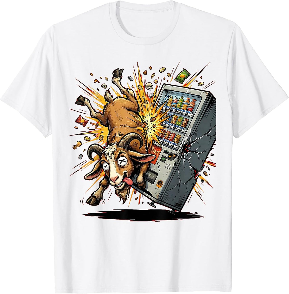 Men's Goat Headbutting Vending Machine Funny Graphic T-Shirt - White