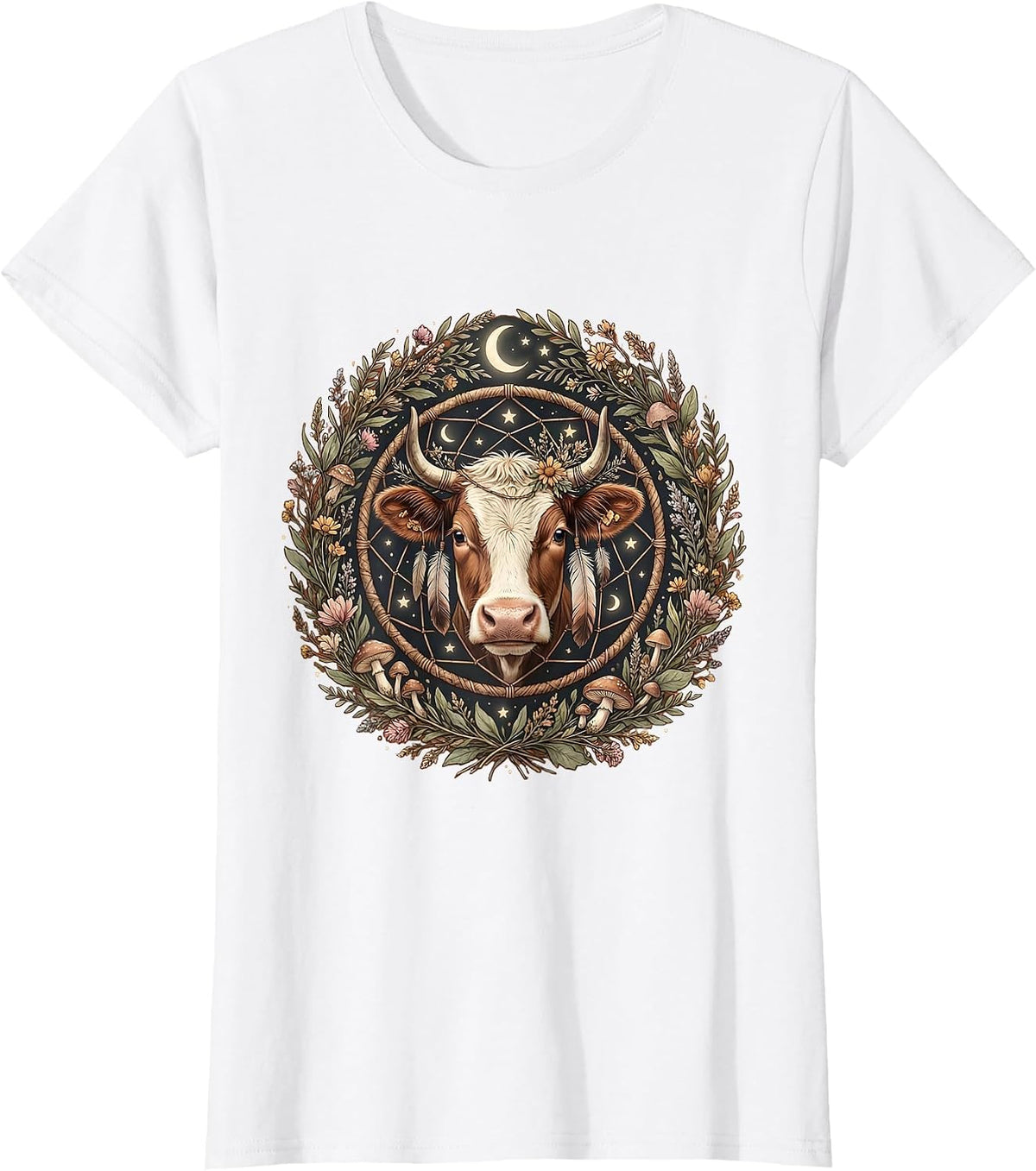 Women's Boho Cow Feathers and Dreamcatcher Graphic T-Shirt - White