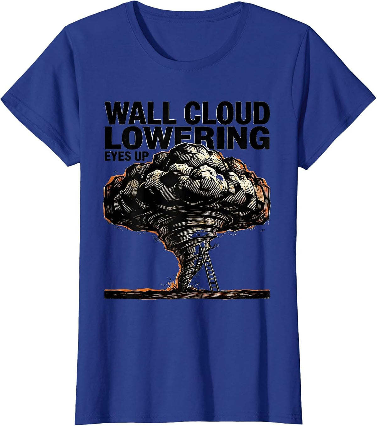 Women's Wall Cloud Lowering Eyes Up Linocut Tornado Chaser T-Shirt - Royal Blue