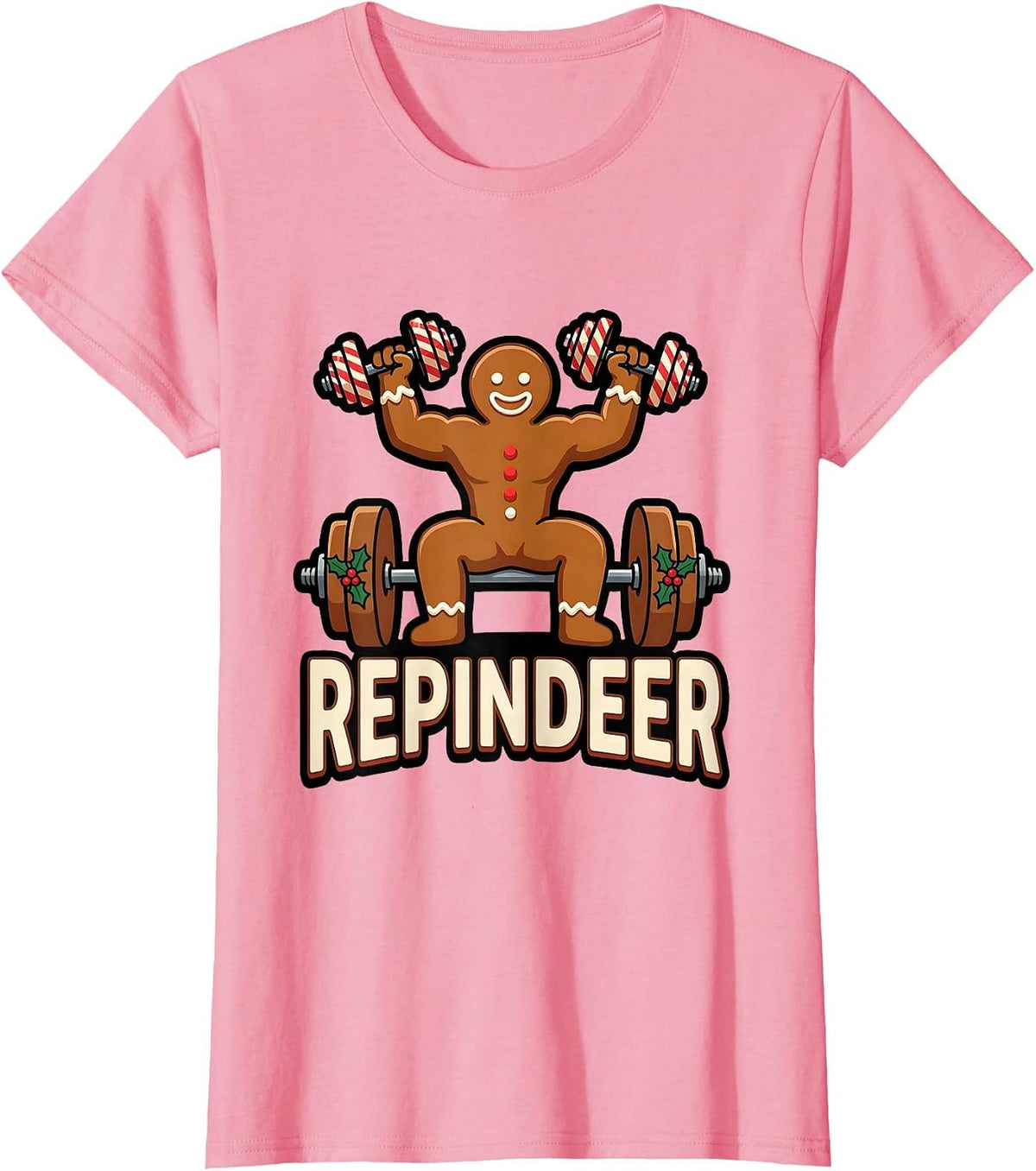 Women's Repindeer Funny Gingerbread Gym Weightlifting Christmas T-Shirt - Pink