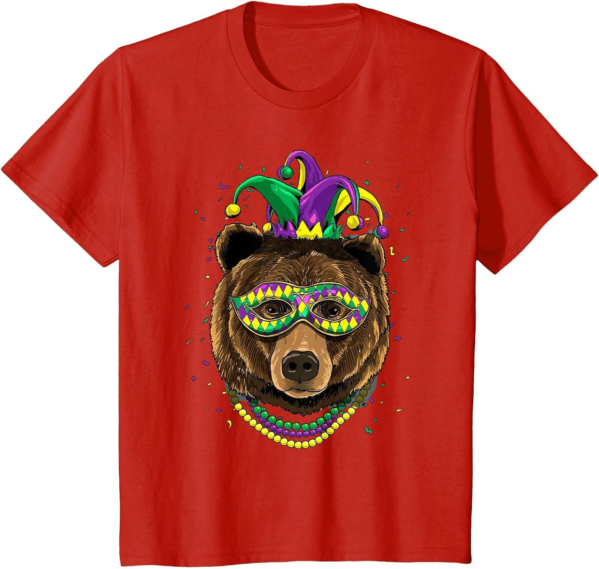 Bear Animal Lover Cute Mardi Gras Carnival Jester T-Shirt, Youth, Red, Large - As Pictured