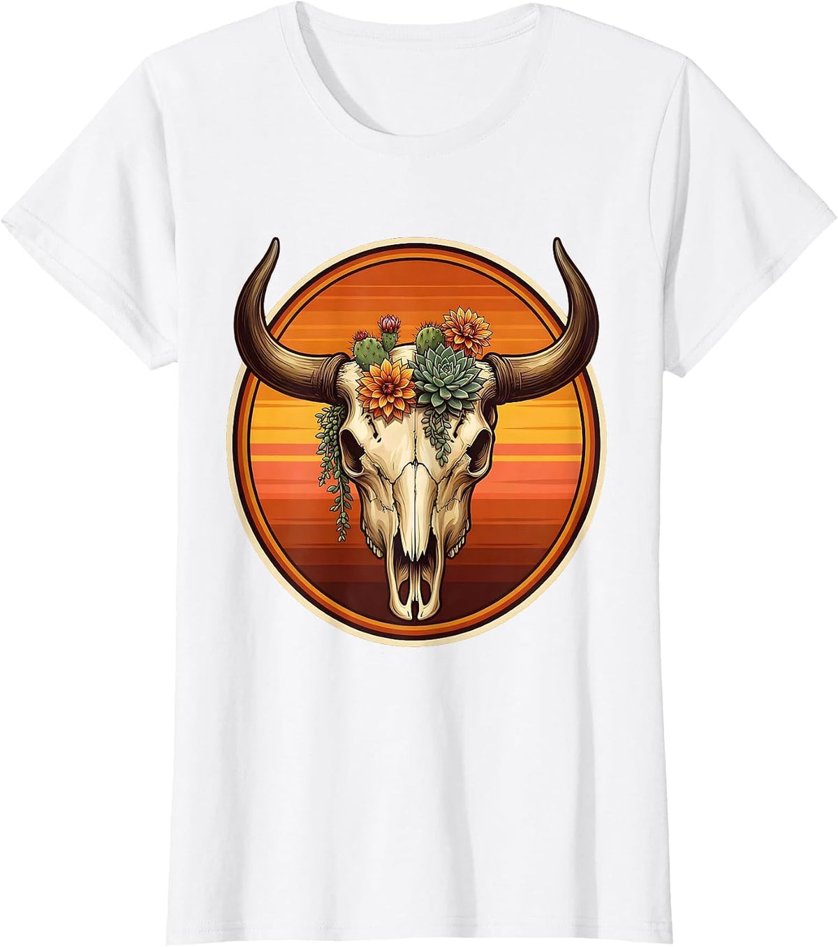Bull Skull Desert Flowers Western Boho Art T-Shirt - White