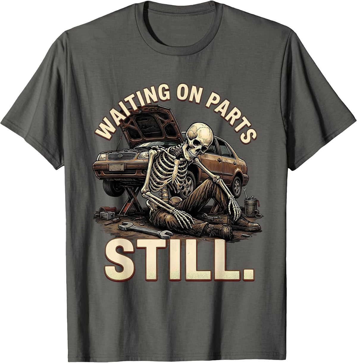 Waiting On Parts Still Funny Mechanic Skeleton Auto Repair T-Shirt - Asphalt Grey