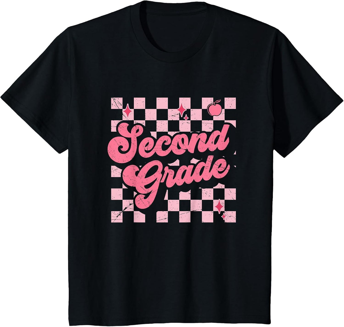 Second Grade Checkered Retro 2nd Grade Teacher Kid Girl T-Shirt - Black
