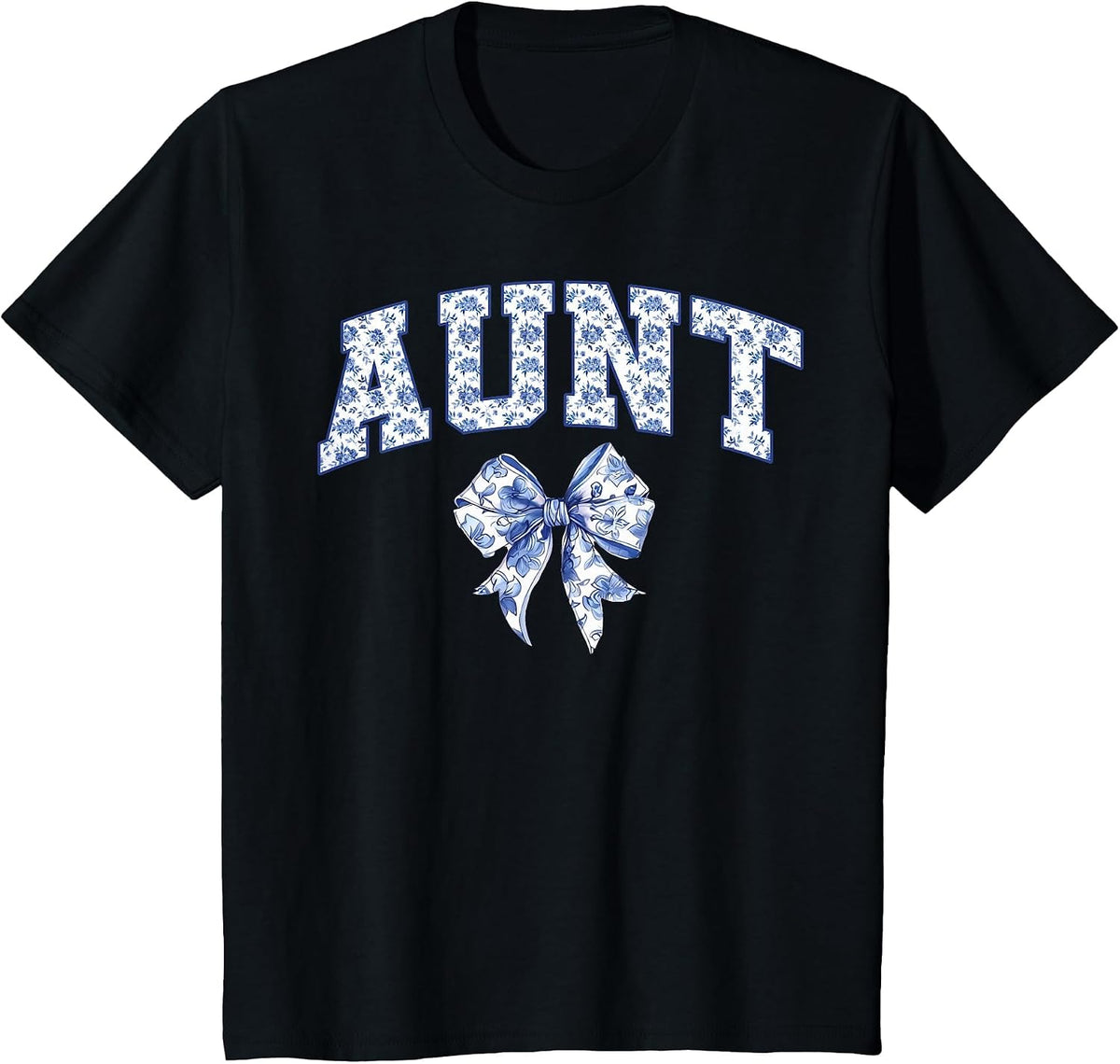 Aunt Coquette Toile Blue Bow Floral Family Matching T-Shirt - Black