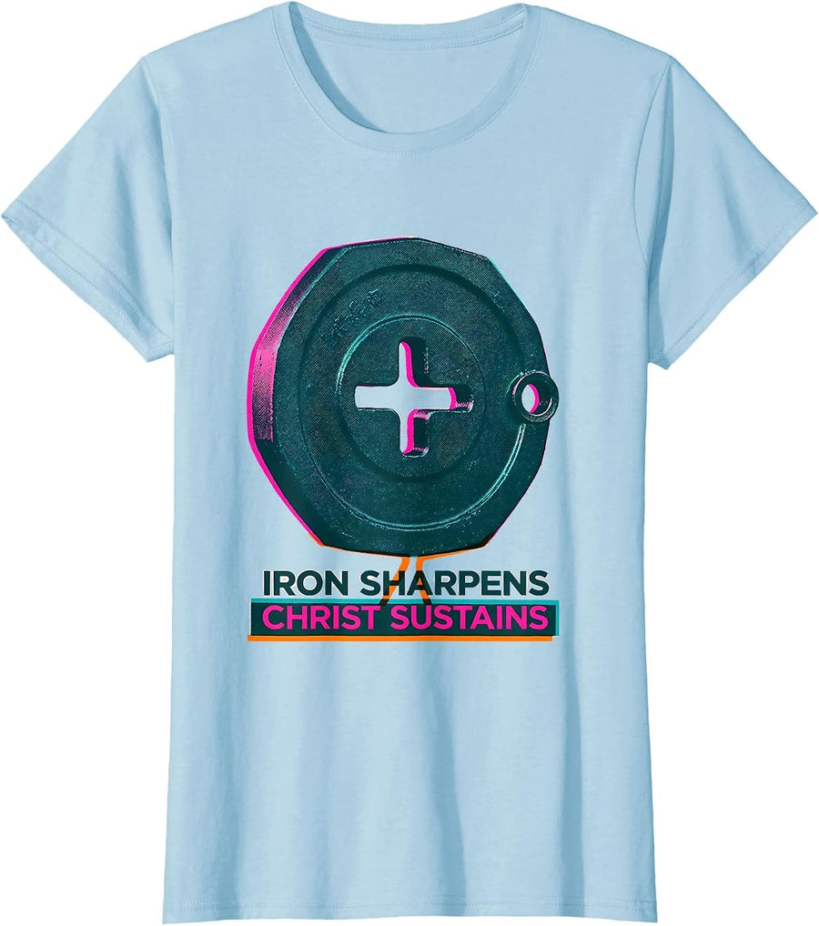 Women's Iron Sharpens, Christ Sustains Faith Gym Workout T-Shirt - Baby Blue